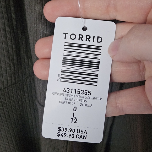 NWT: Torrid SuperSoft Ribbed Olive Green Lacy Sweetheart Top, Size Large - Picture 5 of 6